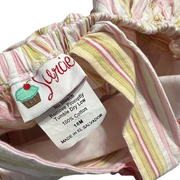 Surcie 18m Pink & Green Striped Ruffle Bubble Romper - Picture 7 of 7